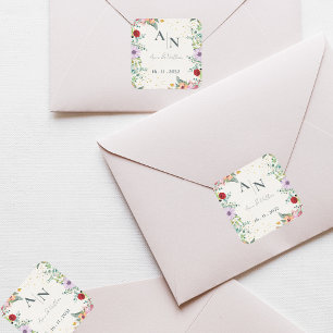 Pegatina Cuadrada Monograma Acuarela Flores Silvestres Boda Floral