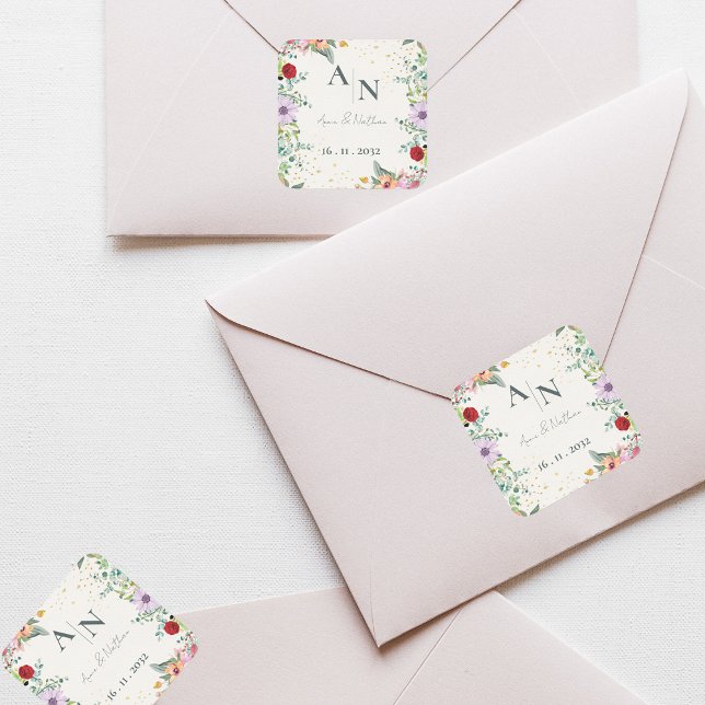 Pegatina Cuadrada Monograma Acuarela Flores Silvestres Boda Floral (Monogram Watercolor Wildflowers Floral Wedding Square Sticker)