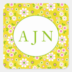 Pegatina Cuadrada Monograma amarillo y blanco con flores de mod retr