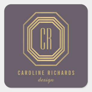 Pegatina Cuadrada Monograma Antiguo Art Déco Dorado/Morado
