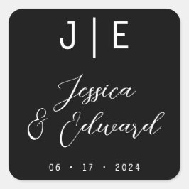 Pegatina Cuadrada Monograma Black Elegant Script Pareja Nombre Moder