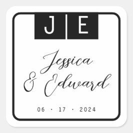 Pegatina Cuadrada Monograma Black Elegant Script Pareja Nombre Moder