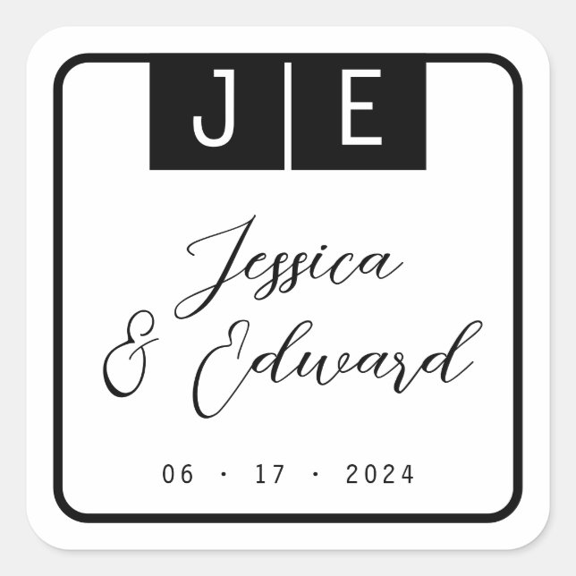 Pegatina Cuadrada Monograma Black Elegant Script Pareja Nombre Moder (Anverso)