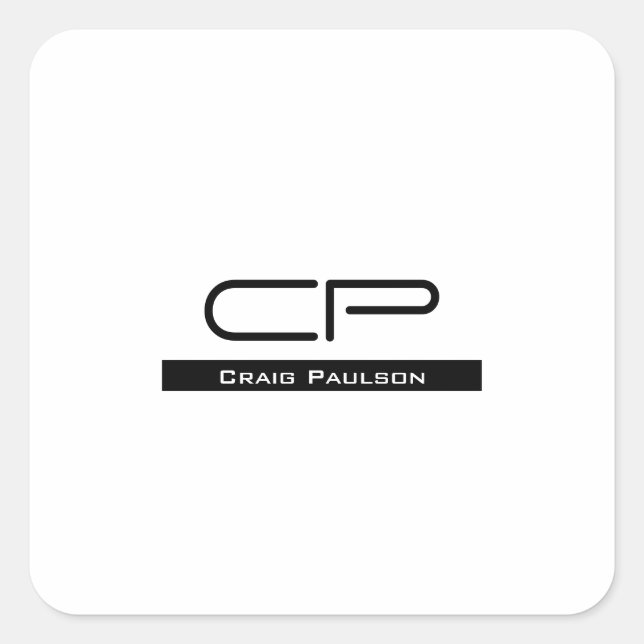 Pegatina Cuadrada Monograma blanco negro Nombre moderno sencillo (Anverso)