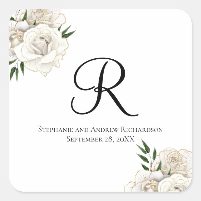 Pegatina Cuadrada Monograma Blanco Roses Floral Elegante Boda (Anverso)