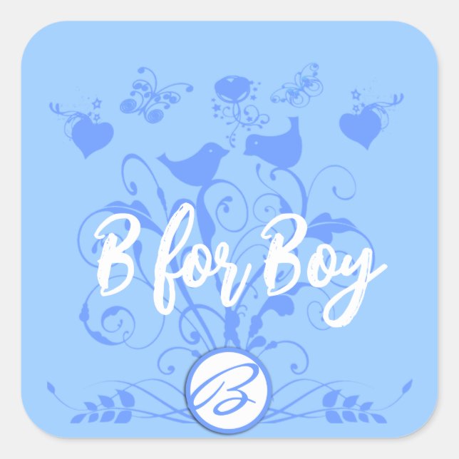 Pegatina Cuadrada Monograma Boda Aves Corazones girando en polvo azu (Anverso)