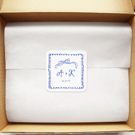 Pegatina Cuadrada Monograma Boda azul dibujado a mano