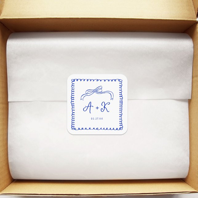 Pegatina Cuadrada Monograma Boda azul dibujado a mano (Subido por el creador)