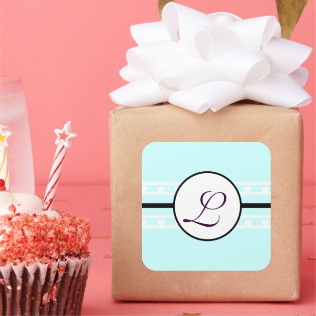 Pegatina Cuadrada Monograma Boda Brite Aqua Fronteras Azules (Fiesta)