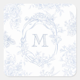 Pegatina Cuadrada Monograma Boda de tela azul floral inicial