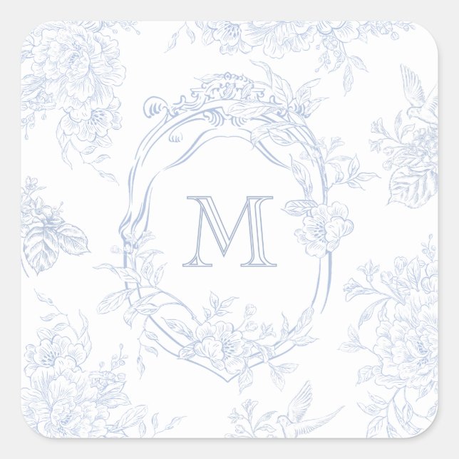Pegatina Cuadrada Monograma Boda de tela azul floral inicial (Anverso)