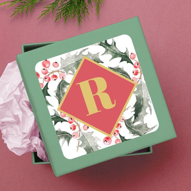 Pegatina Cuadrada Monograma Botánico de Verde Navidad (Subido por el creador)