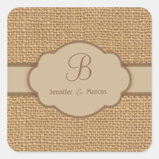 Pegatina Cuadrada Monograma Burlap Personalizado Pegatinas cuadrados (Anverso)