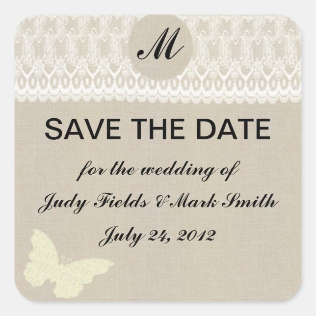 Pegatina Cuadrada Monograma Burlap Y Lace Save The Date Pegatinas (Anverso)