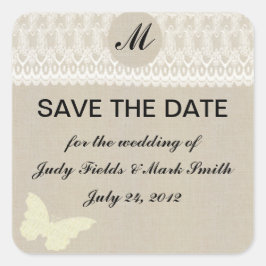 Pegatina Cuadrada Monograma Burlap Y Lace Save The Date Pegatinas