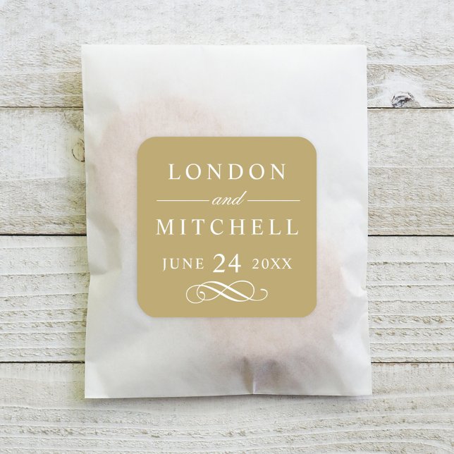 Pegatina Cuadrada Monograma clásico elegante de Boda de oro antiguo (Subido por el creador)