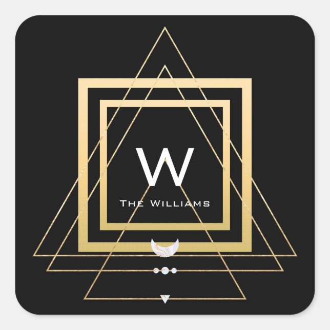 Pegatina Cuadrada Monograma Cuadrado Marco Dorado Minimalismo Geomet (Anverso)