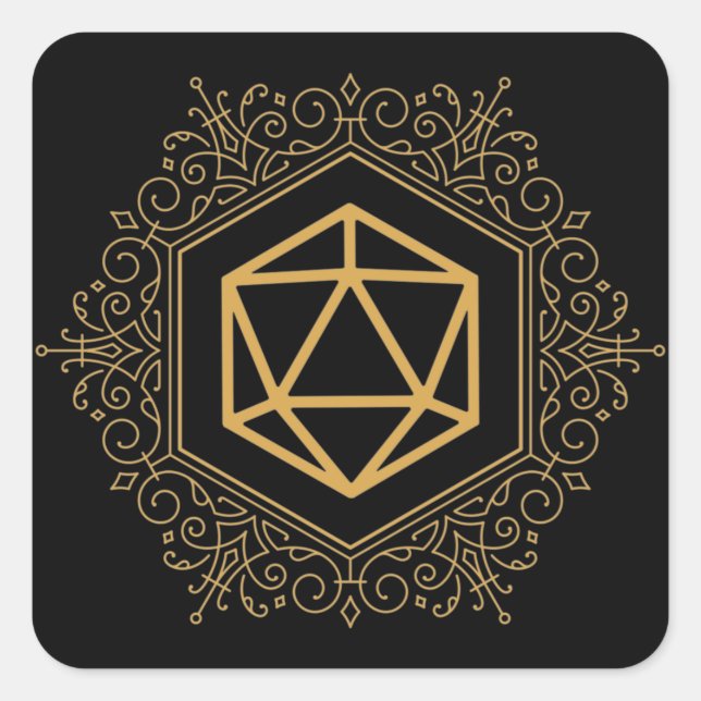 Pegatina Cuadrada Monograma D20 Dice Dorado Tabletop RPG (Anverso)