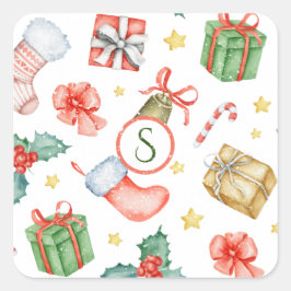 Pegatina Cuadrada Monograma de acuarela vintage de vacaciones para n