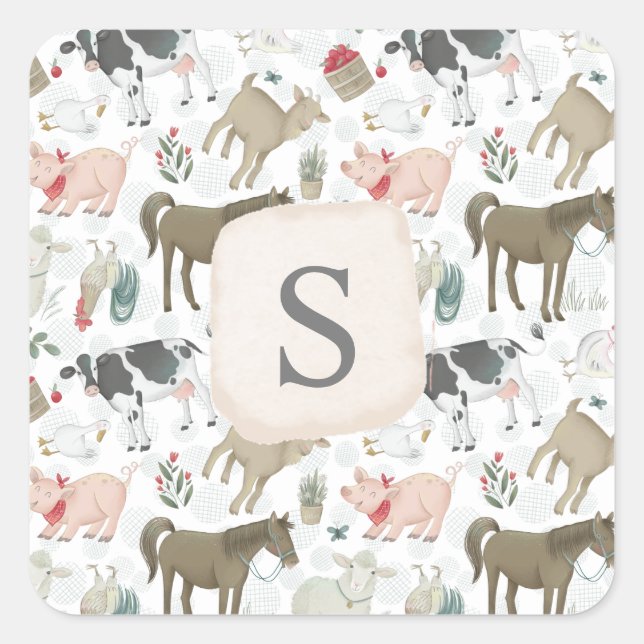 Pegatina Cuadrada Monograma de animales de granja de campo (Anverso)