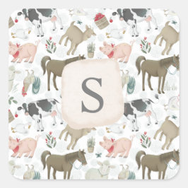 Pegatina Cuadrada Monograma de animales de granja de campo
