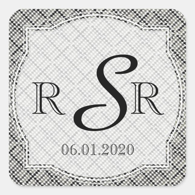 Pegatina Cuadrada Monograma de Boda de hueso de arenisca negro y bla (Anverso)