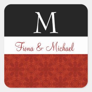 Pegatina Cuadrada Monograma de Boda floral sutil rojo y negro M