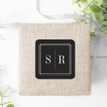Pegatina Cuadrada Monograma de Boda negro y crudo<br><div class="desc">Los clásicos y elegantes pegatinas de monograma de boda son perfectos para sellar sus sobres de invitación, favores y más. Moda y diseño simple en marfil negro y crema presenta sus iniciales, monograma o duograma enmarcados por un borde geométrico delgado. Diseñado para coordinar con nuestra colección de bodas eternos en...</div>