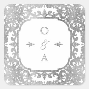 Pegatina Cuadrada Monograma de boda vintage plateado elegante orname