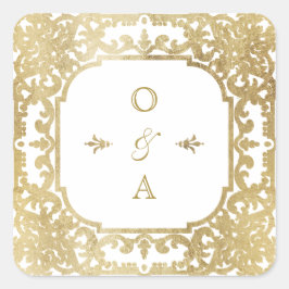 Pegatina Cuadrada Monograma de bodas vintage elegante dorado