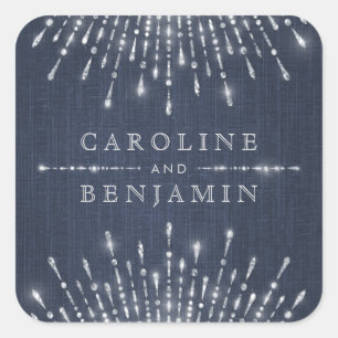 Pegatina Cuadrada Monograma de casamiento deco vintage de purpurina 