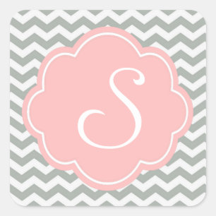 Pegatina Cuadrada Monograma de chevron elegante, moderno y gris