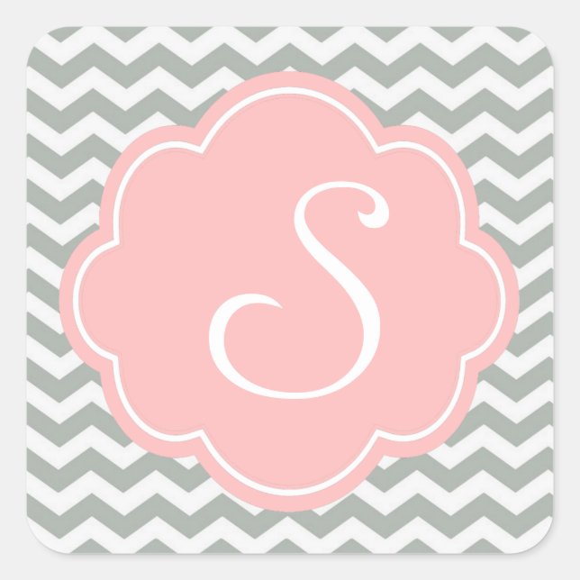 Pegatina Cuadrada Monograma de chevron elegante, moderno y gris (Anverso)