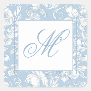 Pegatina Cuadrada Monograma de Chinoiserie Azul y Blanco