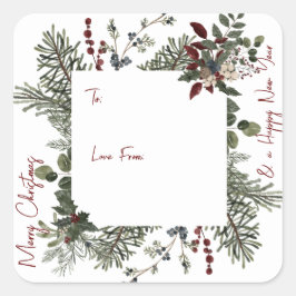 Pegatina Cuadrada Monograma de color de agua de la marina navideña