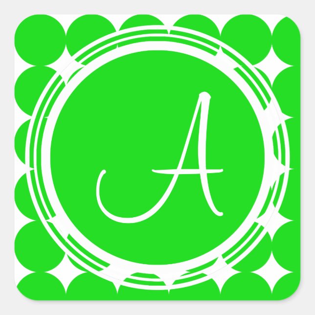 Pegatina Cuadrada Monograma de dot de polka verde (Anverso)