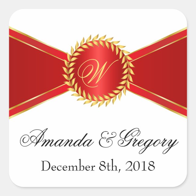 Pegatina Cuadrada Monograma de elegancia roja (Anverso)