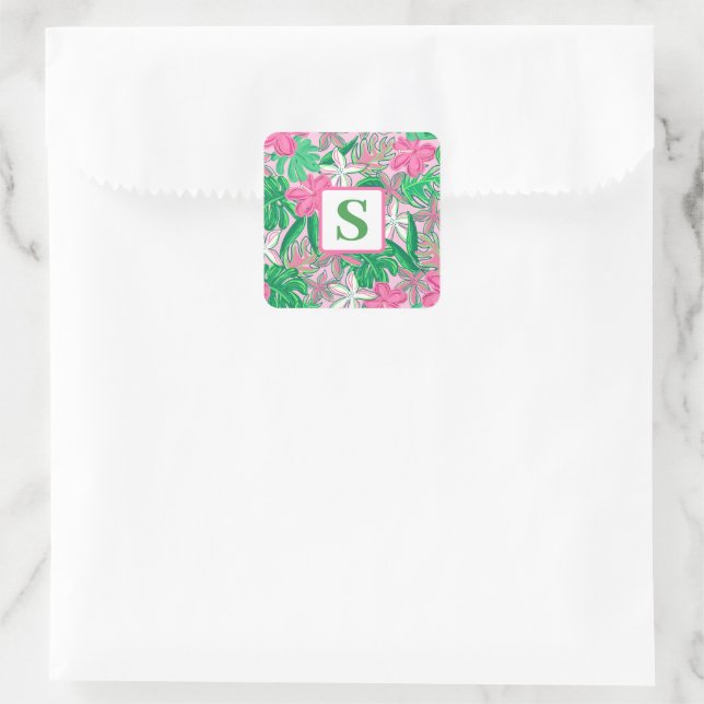 Pegatina Cuadrada Monograma de flor tropical Pink White Green Preppy (Bolso)