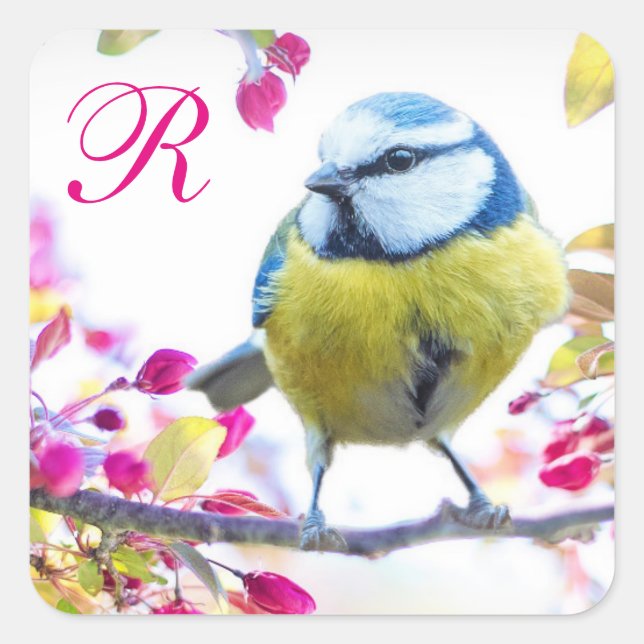 Pegatina Cuadrada Monograma de flores de pájaro y rosa (Anverso)