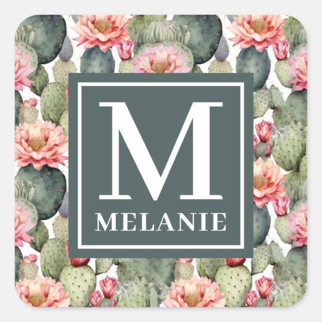 Pegatina Cuadrada Monograma de Flores rosas del patrón Cactus (Anverso)