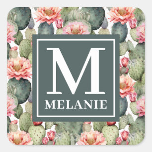 Pegatina Cuadrada Monograma de Flores rosas del patrón Cactus