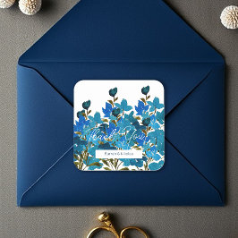 Pegatina Cuadrada Monograma de flores silvestres acuarela azul artís