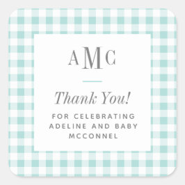 Pegatina Cuadrada Monograma de Gingham Aqua y White