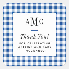 Pegatina Cuadrada Monograma de Gingham azul y blanco Gracias