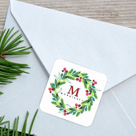 Pegatina Cuadrada Monograma de hilo de agua Hallie y Berries Wreath