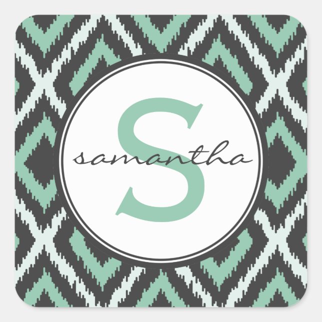 Pegatina Cuadrada Monograma de Ikat de la menta (Anverso)