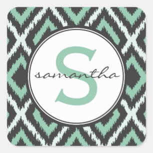 Pegatina Cuadrada Monograma de Ikat de la menta