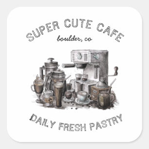 Pegatina Cuadrada monograma de ilustracion de café vintage lindo
