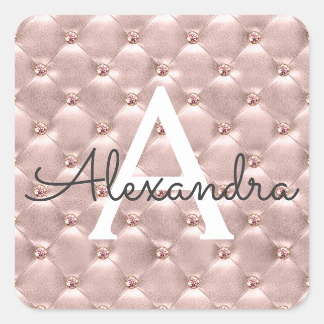 Pegatina Cuadrada Monograma de la inventiva elegante del oro rosa de (Anverso)