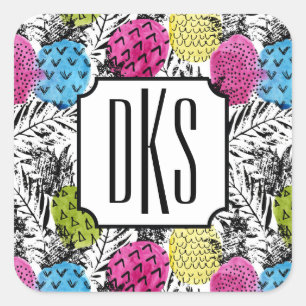 Pegatina Cuadrada Monograma de las piñas y de las hojas de palma el